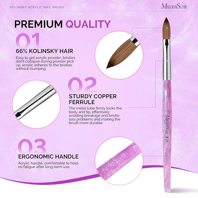 MelodySusie Kolinsky Acrylic Nail Brush,66% Kolinsky Hair Professional Nail Art Brush for Acrylic Application, Aurora Collection Fine Glitter Brush, Purple, Size 10
