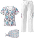 Gomyblomy Women's Scrubs Suit 3-Piece Set | Teeth Print V-Neck Top & Pants & Cap, Breathable and Stretch Fabric, S-5XL