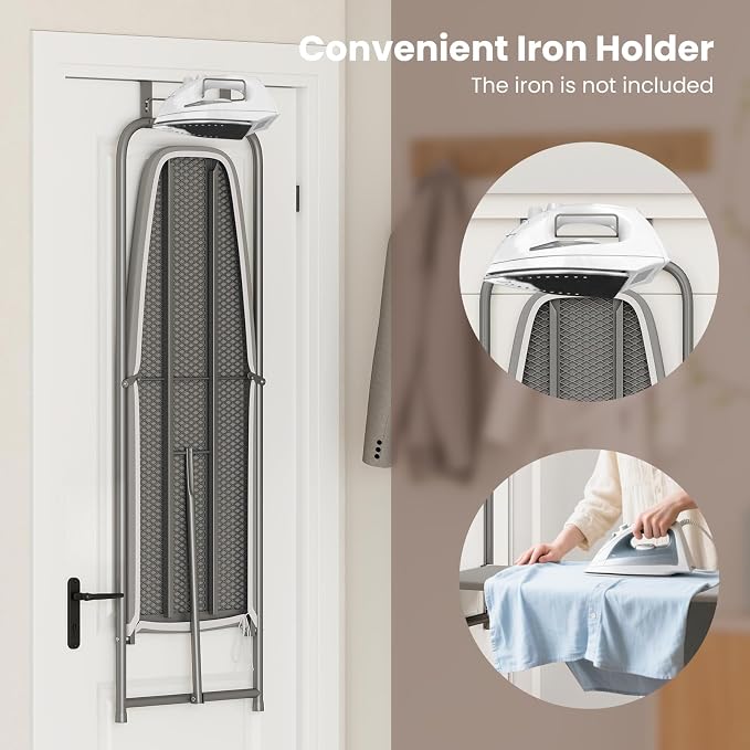 COSTWAY Over the Door Ironing Board, Space-Saving Metal Hanging Iron Board | Iron Holder & Cotton Cover, Compact Fold Down Iron Stand for Home, Apartment, Laundry Room, Dorm, 42"L x 17"W x 50"H