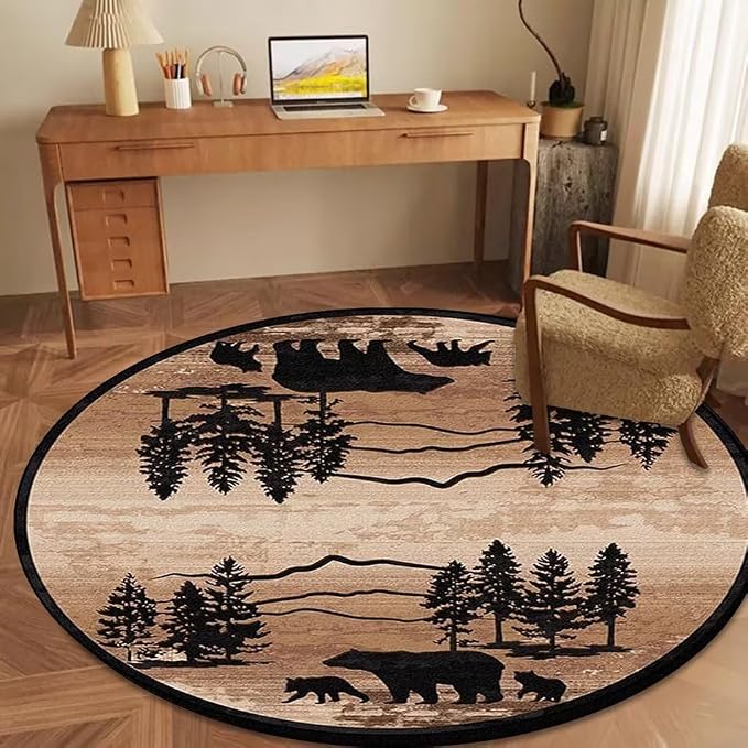 Retro Cabin House Bear Rustic Round Rug for Bedroom Soft Western Wildlife Style Area Rugs Apartment Decor Desert Floor Mat 5ft