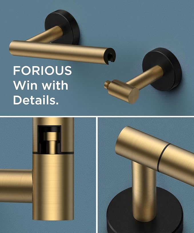 FORIOUS Toilet Paper Holder Wall Mount, Stainless Steel Rustproof Double Post Pivoting Tissue Roll Holder for Bathroom, Commercial Toilet Paper Dispenser, Brushed Gold & Matte Black