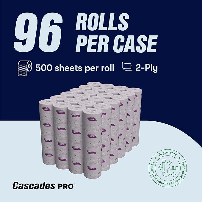 Cascades PRO Select Soft/Strong Bathroom Tissue, 2-Ply Toilet Paper Rolls for Restrooms – Universal Fit - Individually Wrapped, Recycled Fibers – 500 Sheets/Roll - 96 Rolls/Box – B040- White