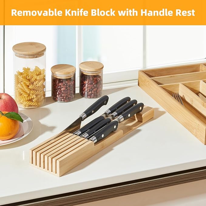 TIOPGHAD Small-Bamboo-Silverware-Drawer-Organizer, Expandable Utensil Kitchen Cutlery Tray Flatware Organization Adjustable Wood Tableware Dividers Storage (with Removable Knife Block)(Natural)