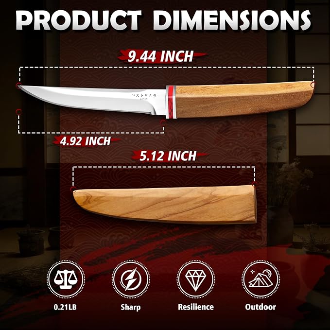 DRGSKL Utility Fixed Blade Knife - Handcrafted Japanese Knife with Sheath | D2 Steel, Premium Natural Walnut Wood Handle & Sheath, Gift Box, Red Marble Texture Decoration