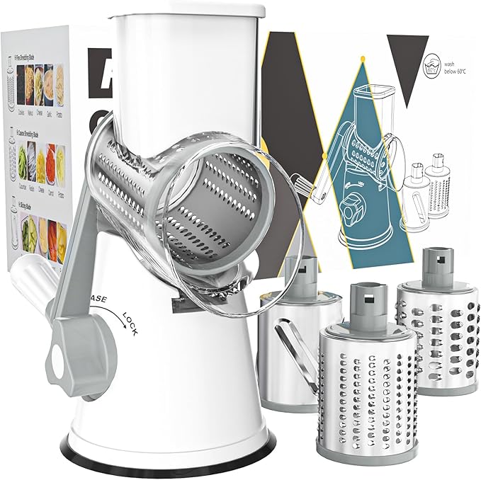 Cambom Rotary Cheese Grater Hand Crank Cheese Shredder for Fresh Cheese, Vegetable, Nuts,Non-slip Suction Base,Three Blades,White