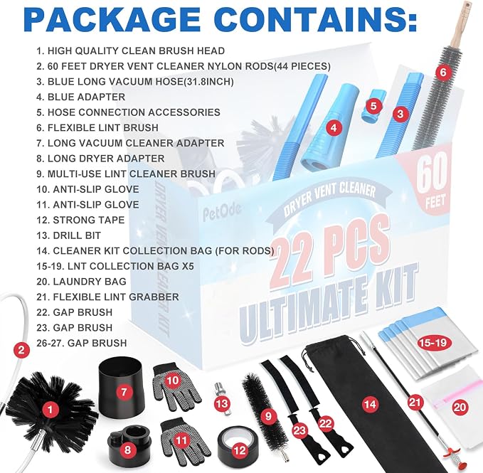 Petode 22-piece 60-Feet Dryer Vent Cleaner Kit, Dryer Vent Cleaning Kit Lint Remover with Dryer Vent Brush, Vacuum Hose Attachment Cleaning Tools, Flexible Lint Trap Brush, Vacuum & Dryer Adapters