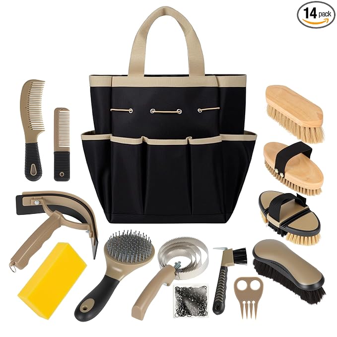 Horse Grooming Kit, 14-in-1 Professional Horse Brush Supplies Set for Grooming & Care, with Horse Brushes, Curry Comb, Hoof Pick & Waterproof Storage Tote Bag for Shining, Detangling, Massaging(Khaki)