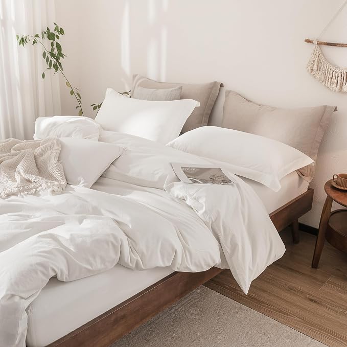 Linen Feel Duvet Cover Full Size 90inch x 80inch,100% Washed Cotton Duvet Cover with Zipper Closure and 2 Pillowcases, Color of Off White