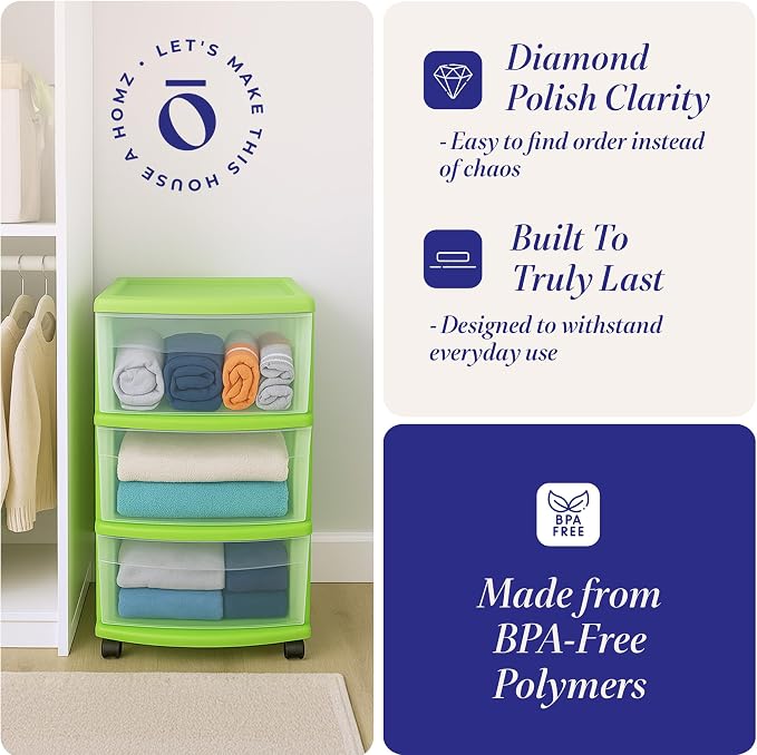 HOMZ 2-Pack Drawer Tower, 3-Tier Clear Plastic Storage Organizer Cart, Bold Lime Frame - Organizing Containers with Wheels for Home, Bathroom, Bedroom, Office, and Classroom