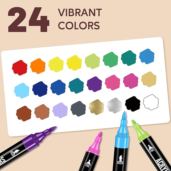 Pagather 24 Colors Acrylic Paint Markers, Dual Tip with Fine Tip and Brush Tip Pens for Stone, Wood, Calligraphy, Canvas, Ceramic, Metal, Glass, Rock Painting, DIY Crafts Art Supplies Kit