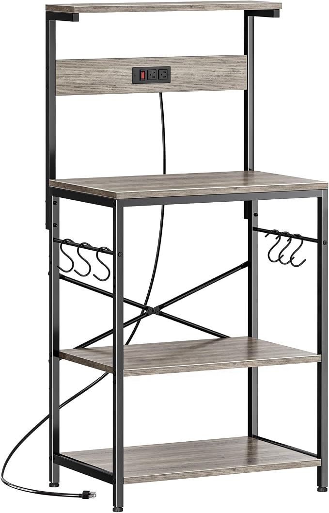 SUPERJARE Kitchen Bakers Rack with Power Outlet, Coffee Bar Table 4 Tiers, Kitchen Microwave Stand with 6 S-shaped Hooks, Kitchen Storage Shelf Rack for Spices, Pots and Pans - Greige