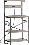 SUPERJARE Kitchen Bakers Rack with Power Outlet, Coffee Bar Table 4 Tiers, Kitchen Microwave Stand with 6 S-shaped Hooks, Kitchen Storage Shelf Rack for Spices, Pots and Pans - Greige