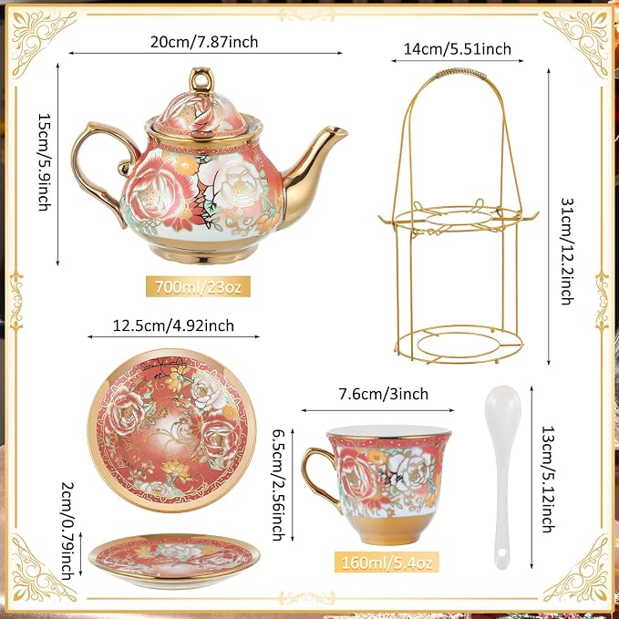 Zhehao 20 Pcs Porcelain Tea Set with Metal Holder and Spoon Adult Ceramic Tea Set European Flower Painting Teapot Cup Saucer Spoon for Women Mom Gift, Large Version (Noble Style)