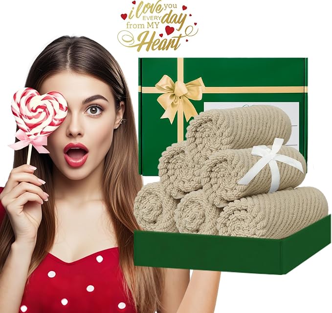 VOOVA & MOVAS Face Cloths 6PC, 100% Cotton, 13x13 in, Dark Tan Beige | Thick, Quick Dry, Soft, Absorbent, Wash Cloths For Showering & Bathroom, Bathroom Essentials