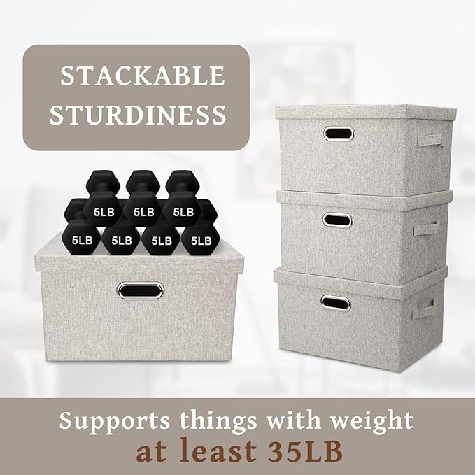 Graciadeco Medium 15" 21 Quart Collapsible Stackable Storage Bins with Lids, 1 Pack Beige Foldable Fabric Closet Storage Boxes with Lids, Heavy-duty Linen Baskets for Bedroom