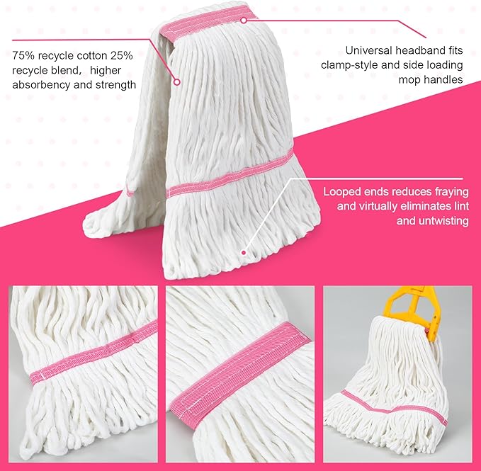 Eccliy 6 Pack Commercial Mop Heads Replacement Heavy Duty 18 oz Loop End Cotton String Wet Mop Refills Washable Absorbent Reusable for Industrial Home Tile Wood Concrete Floor (White,Pink)