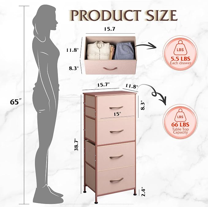 WLIVE Small Dresser Nightstand for Bedroom, 4 Drawers, Pink | 4 vertical fabric drawers, Space-saving tower, Bedroom or closet use, Chest of drawers, Dresser for small spaces