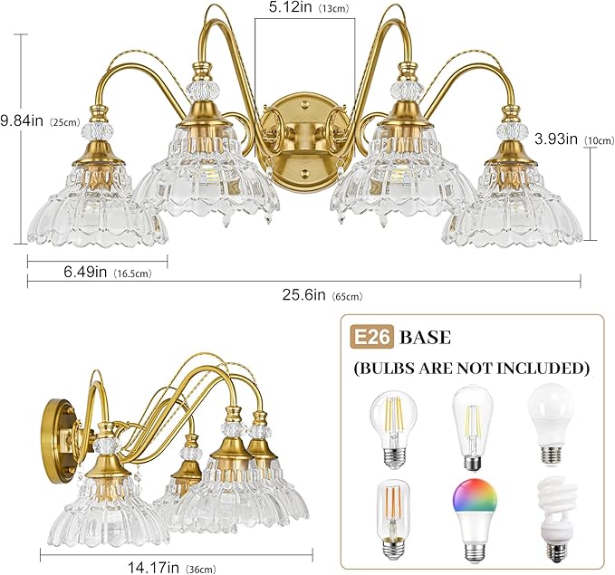 Vintage Bathroom Vanity Light, 4-Light Brushed Gold Finish Wall Sconce with Hanging Crystal Accents and Flower-Shaped Clear Glass Shades, Retro Wall Mount Vanity Light Over Mirror for Bathroom
