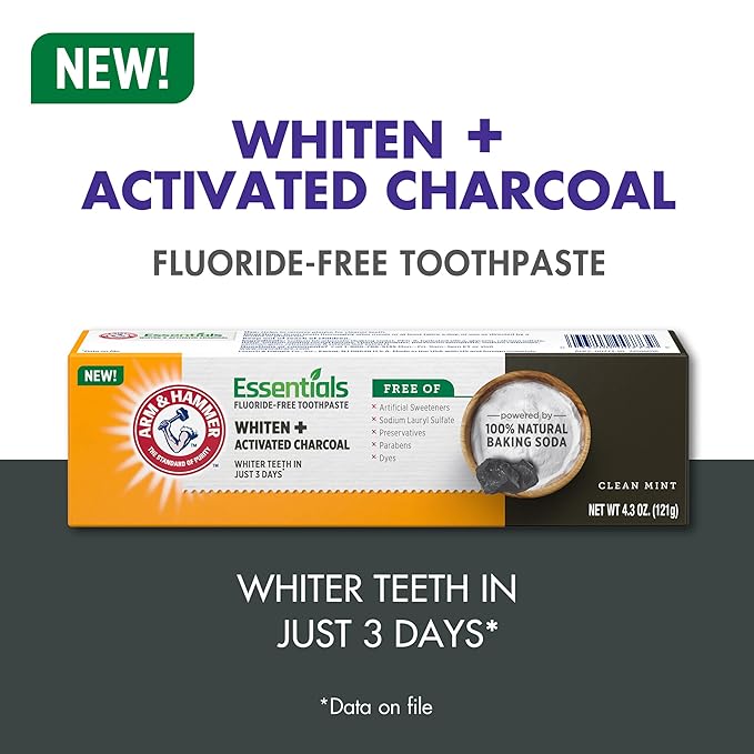 ARM & HAMMER Essentials Fluoride-Free Toothpaste, Whitening + Activated Charcoal Toothpaste, 4 Pack of 4.3oz Tubes, Clean Mint, 100% Natural Baking Soda
