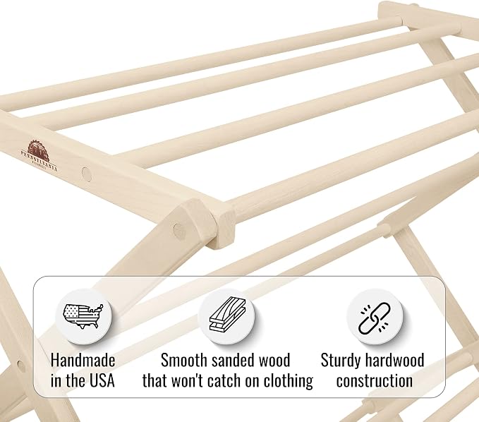 Pennsylvania Woodworks Premium American Maple Clothes Drying Rack - Handcrafted in Pennsylvania - Solid Wood Construction, Collapsible, Eco-Friendly Laundry Solution (Large)