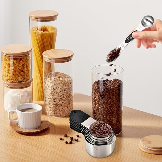 EDELIN Magnetic Measuring Cups and Spoons Set, Stainless Steel 7 cup and 7 spoon with 1 Leveler, 18/8 304 stainless steel (Black 15 sets)