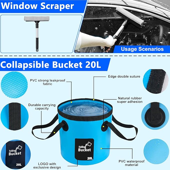 THINKWORK Car Wash Kit, Car Detailing Kit with Foam Gun, Car Wash Brush Mop and Large Folding Bucket Suitable for Car Cleaning, Blue Car Wash Set Gift for Men and Women