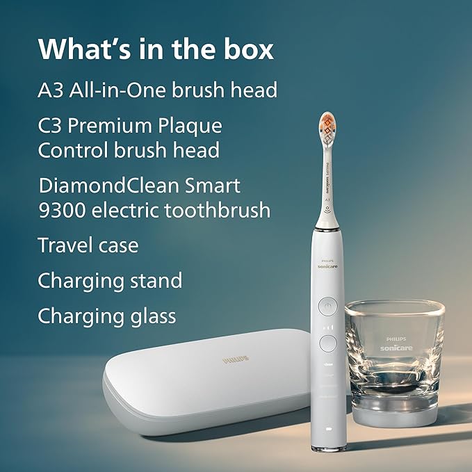 Philips Sonicare DiamondClean Smart 9300 Electric Toothbrush - Sonic Toothbrush with App, Pressure Sensor, 12 Brushing Settings, Replacement Reminder, Travel Case, White, Model HX9903/05