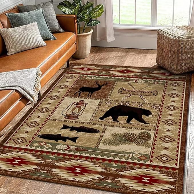 Cabin Bear Rugs for Living Room Luxury American Country Style Large Carpet Non-Slip Moose Deer Rug Pine Cone Floor Mat 6'x9'
