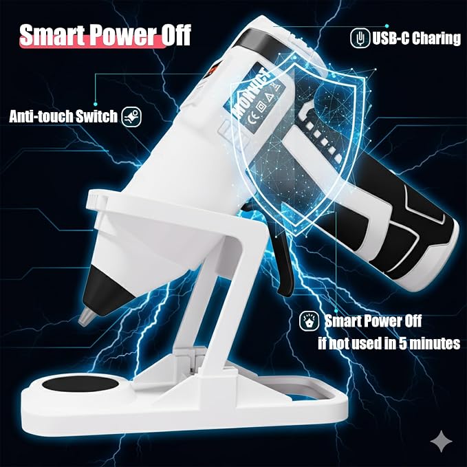 MONVICT Cordless Digital Display Hot Glue Gun with Holder Base | Adjustable Temp,Smart Auto-Off,Silicone Pad,7.4V 2.6Ah Rechargeable Battery, Full Size, Handheld Electric,10 Glue Sticks