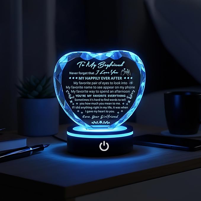 Gifts for Boyfriend with Colorful LED Base Unique Birthday Gift Ideas from Girlfriend Romantic Heart Crystal Keepsakes to My Anniversary Christmas Valentine Day