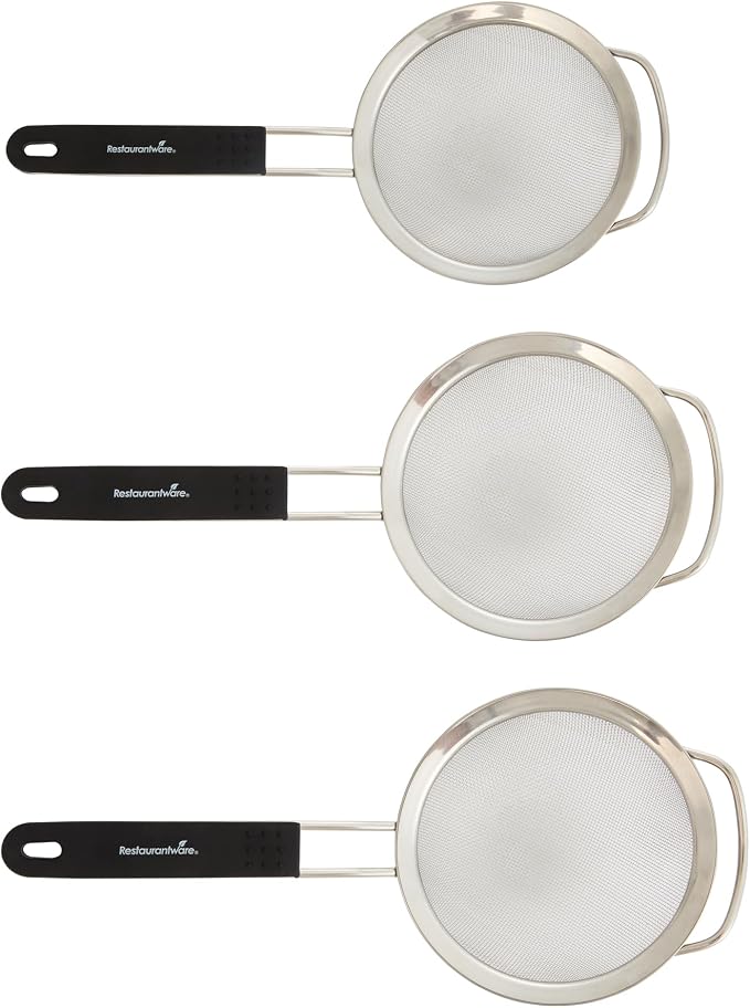 Restaurantware Fine Mesh Strainer Set of 3 Different Sizes with Silicone Handle Stainless Steel Extra Fine Mesh Strainer Heat-Resistant Handle Dishwasher-Safe for Rice, Quinoa, Pasta