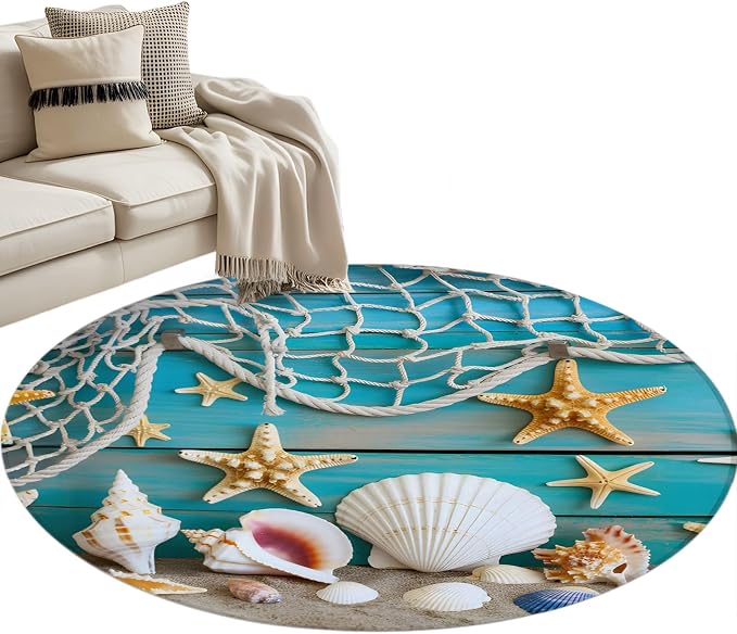 4 Ft Round Rug for Home Office, Beach Starfish Indoor Accent Rugs for Living Room, Ocean Conch Fishing Net Blue Wood Grain Decorative Circle Carpet Washable Low Pile Non Slip, Soft Rug for Bedroom