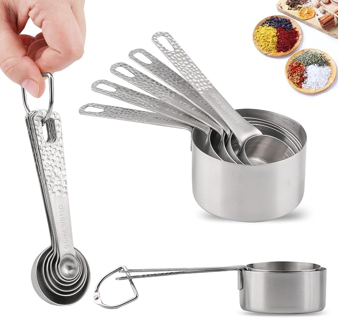 Measuring Cups and Spoons Set, 8 Stainless Steel Measuring Cups and 9 Measuring Spoons and 1 Measurer Ingredient Leveler and 1Magnetic Conversion Chart and 2 Rings