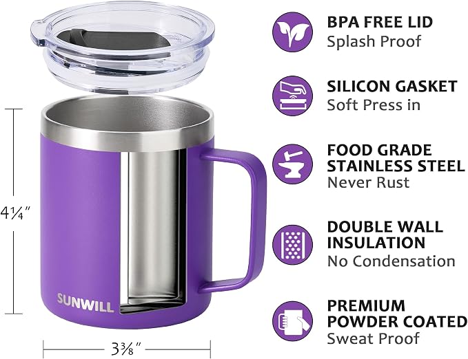 SUNWILL Insulated Coffee Mug with Lid, Travel Tumbler with Handle, 14 oz Stainless Steel Cup for Camping, Office, Home, Powder Coated Purple