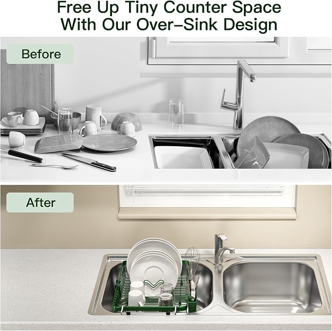 Green Dish Drying Rack Over The Sink with Utensil Holder | Expandable Stainless Steel Dish Drainer for Small Kitchen, Apartment, RV, Counter Space Saving, Perfect Fit, Rustproof