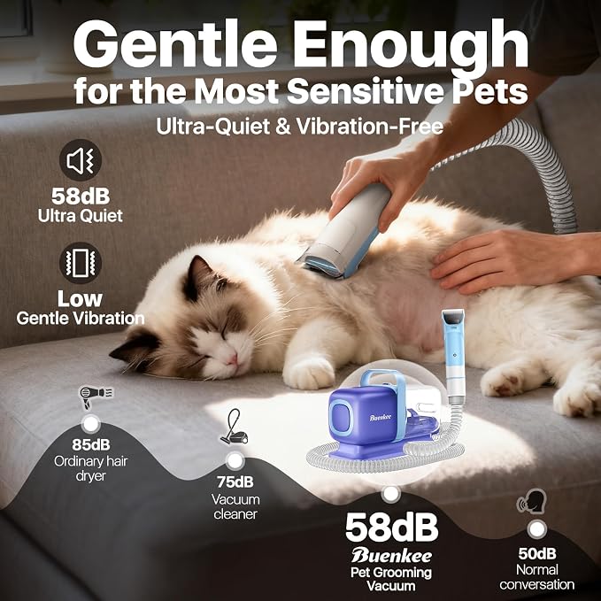 buenkee Dog Grooming Kit with Vacuum, 15000Pa Pet Hair Clipper and Shedding Brush, 50dB Low Noise, 2L Capacity, White