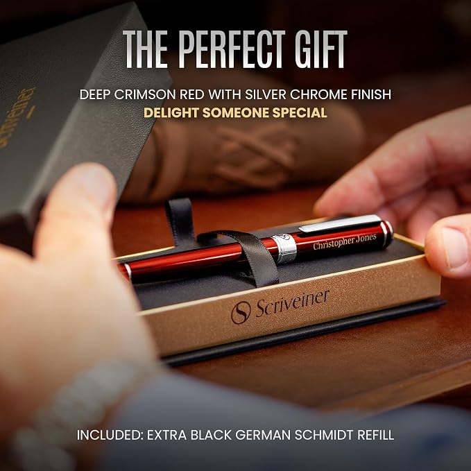 Scriveiner Personalized Deep Crimson Red Rollerball Pen - Stunning Red Lacquer Luxury Pen with Chrome Finish, Schmidt Ink Refill, Engraved Roller Ball Gift Set for Men & Women, Custom Name Engraving