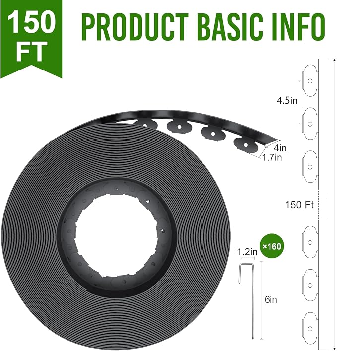 Landscape Edging 4 Inch Tall 150FT with 160Pcs Metal Spikes, Plastic Garden Edging Border Landscape Edging Border Lawn Edging for Landscaping, Flower Bed, Yard