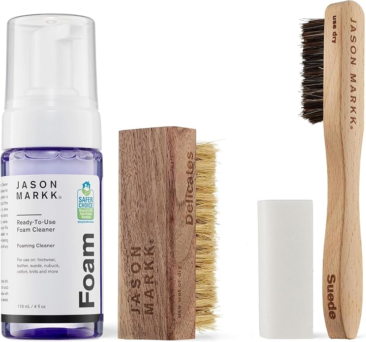 Jason Markk Quick Clean & Suede 4-Piece Cleaning Kit Bundle, Suede Brush & Stain Eraser, Ready-To-Use Foam & Delicates Brush, Safe for Leather, Suede, Nubuck, Cotton, Wool, Felt, Knits