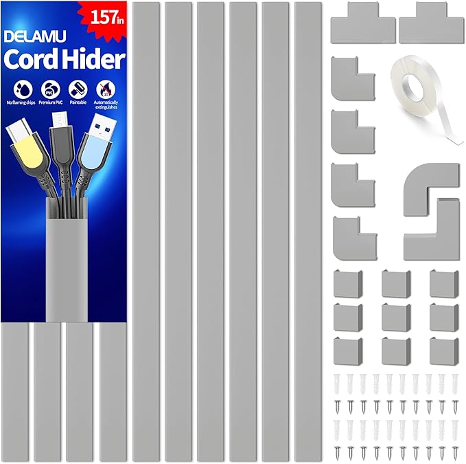 Delamu Grey Cord Hider, 157in Cord Covers for 2-3 Wires on Wall, TV Cable Hider Wall, Wire Covers for Cords on Wall, Cable Raceway Cover Wire Hider Management, TV Cord Hider Wall, W0.95 H0.55in, Grey