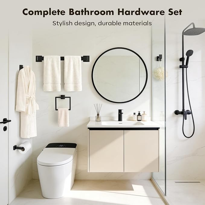 10-Pieces Matte Black Bathroom Accessories Set, Stainless Steel Bathroom Hardware Set, Towel Racks for Bathroom Wall Mounted 24 Inch Bath Towel Bar Set.