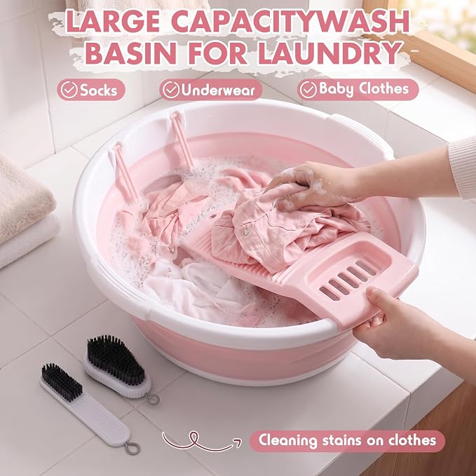 Lounsweer Large Collapsible Washboard Basin for Hand Washing Clothes with 2 Cleaning Brushes Portable Folding Laundry Tub with Non-Slip Washtub for Home Travel Camping (Pink)