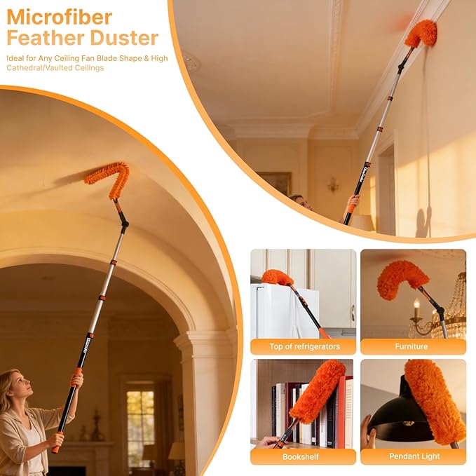 7-in-1 High Ceiling Duster Kit with 4-12ft Extension Pole, Ceiling Fan Duster, Cobweb Duster, Microfiber Duster, Window Cleaner & Squeegee, Wall Mop, 20ft Reach Duster with Extension Pole
