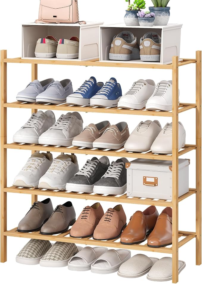 viewcare 5-Tier Bamboo Shoe Rack for Entryway, Stackable | Foldable | Natural, Shoe Organizer for Hallway Closet, Standing Shoe Racks for Indoor Outdoor