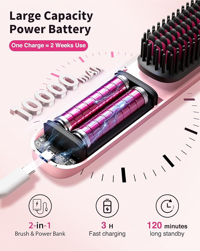 Bopcal Cordless Hair Straightener Brush, 10000mAh Rechargeable Ionic Hair Styling Comb, 30s Fast Heating Anti-Frizz Straightening Brush for Smooth Salon Results, Gift for Women