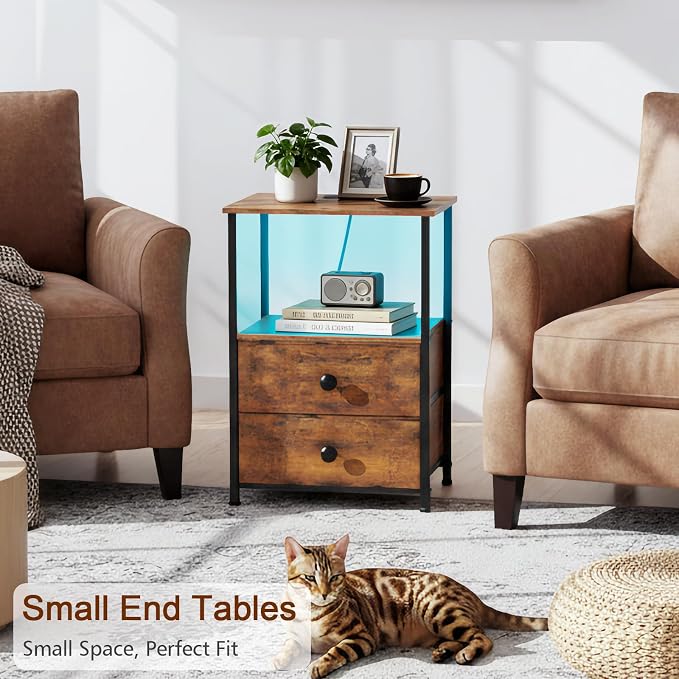 Nightstands Set of 2, LED Night Stand with Charging Station | Bedside Table with Type-C Outlets & 2 Fabric Drawers, End Tables with Storage Shelf for Bedroom, Small Spaces, Brown