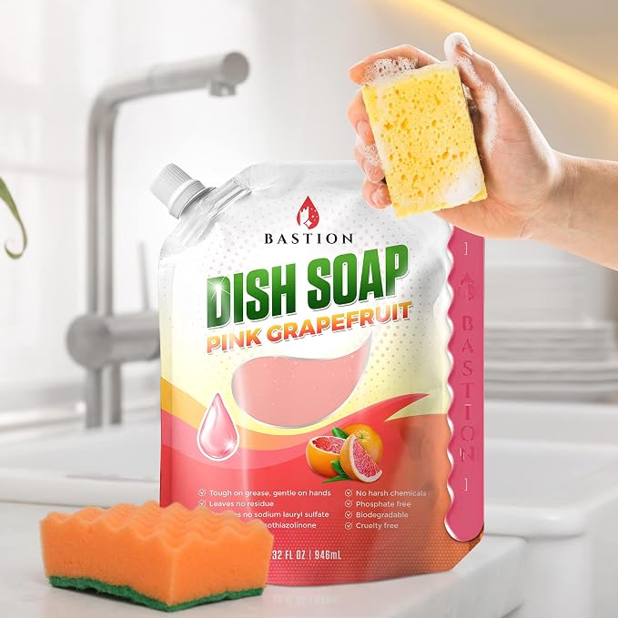 Bastion Dish Soap - Liquid Dishwashing Degreaser & Detergent - Pink Grapefruit Fragrance - (6) 32oz Refill Pouches - All Natural - Cruelty-Free