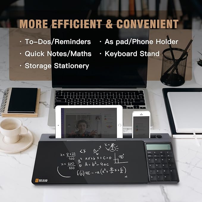 SELEAD Desktop Glass Whiteboard with Calculator, Dry Erase Board Computer Pad Keyboard Stand with Organizer Drawer for Home, School, Office Desk Accessories, Black