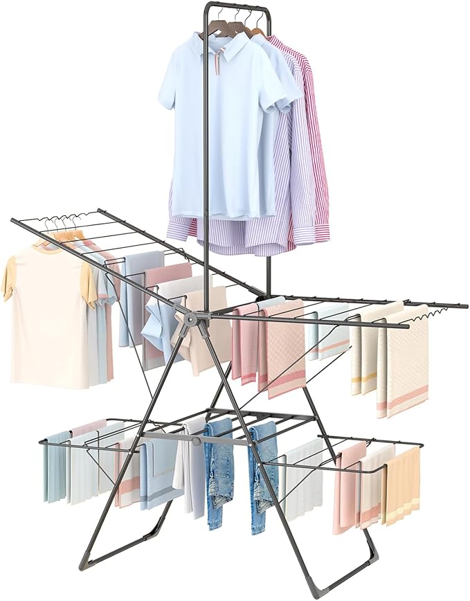 Bigzzia Clothes Drying Rack Foldable, 3-Level Large Laundry Drying Rack Collapsible, Stainless Steel Drying Rack Clothing for Indoor Outdoor, Easy to Fold, Drying Rails 68.9" H, Gray