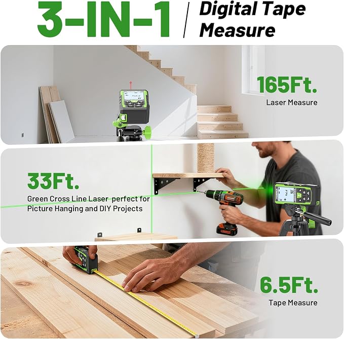 Laser Measuring Tool 3-in-1, Huepar 165 Ft Laser Measure & 33 Ft Green Cross Line Laser Level & 6.5 Ft Tape Measure, Rechargeable, Voice Broadcast, Multi-Mode, Rugged for Construction&Home Use, SW-T50